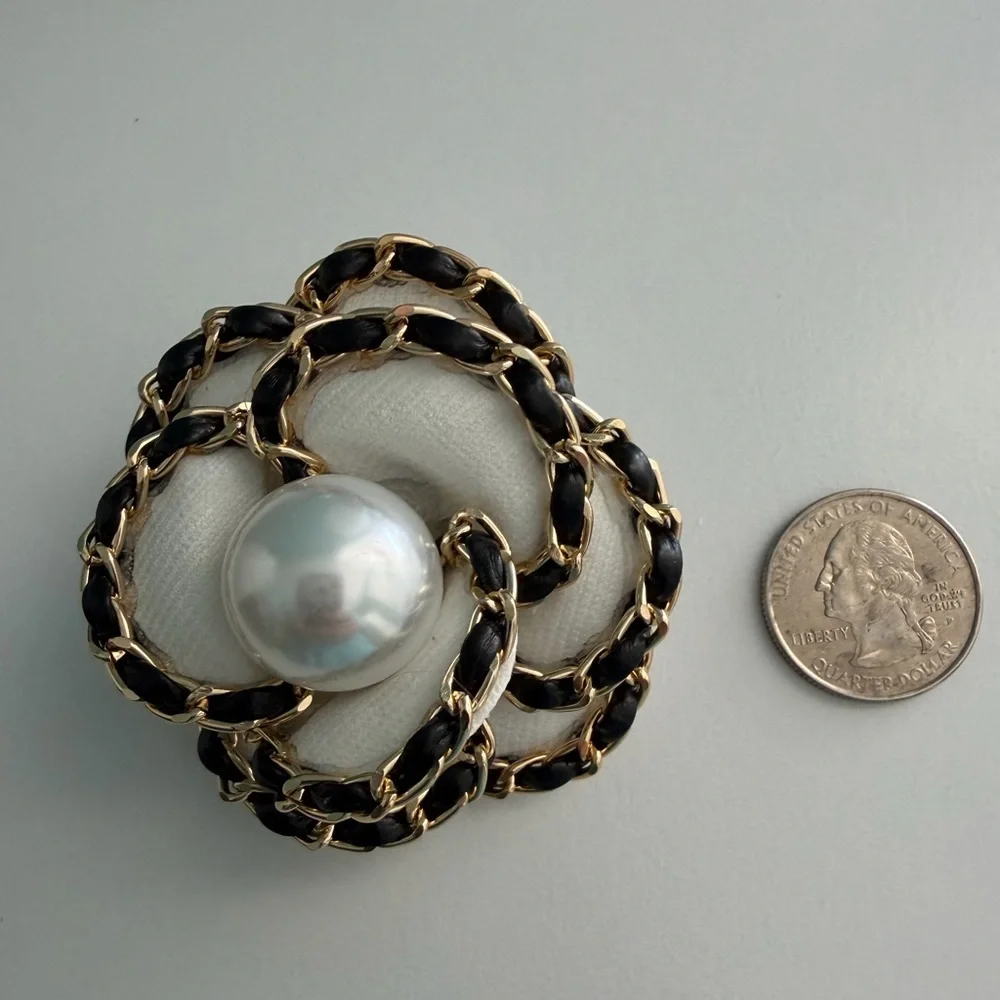 Faux Pearl Camellia Flower Brooch with Black and Gold Trim